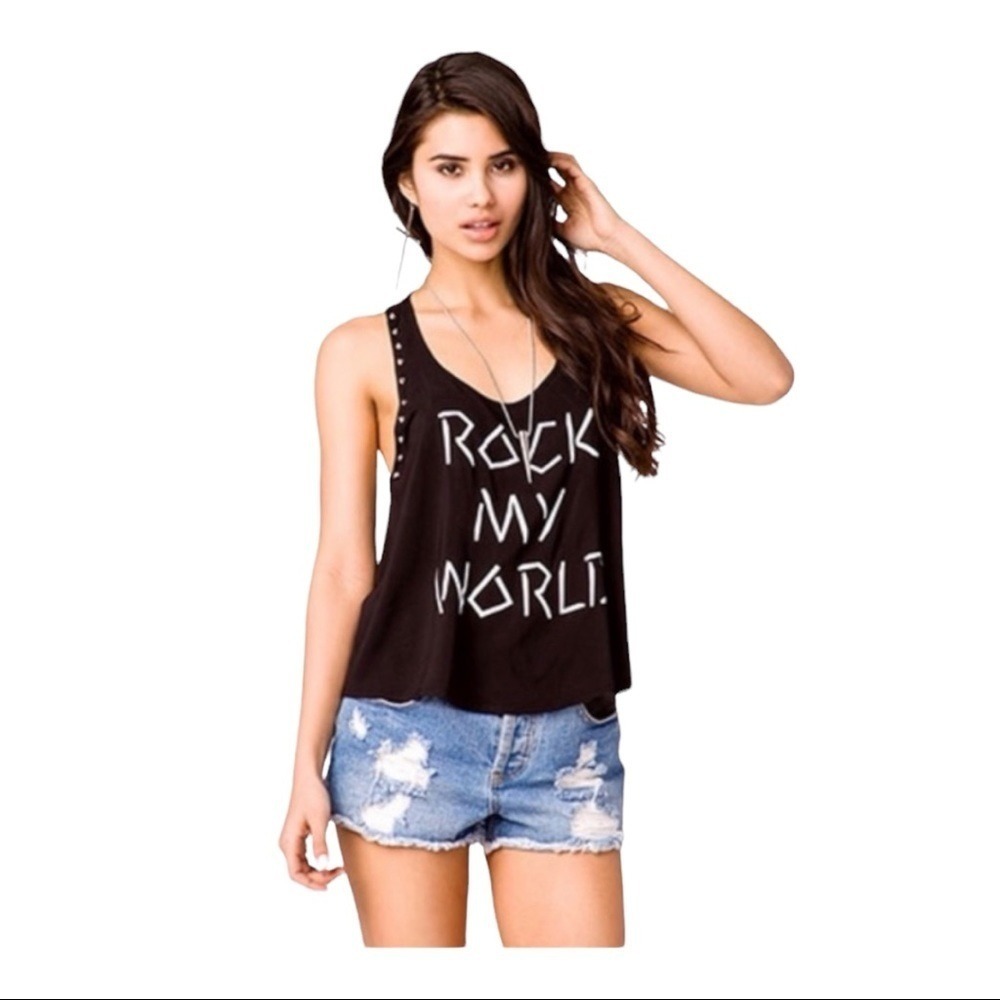Y2k Womens Rock My World Tank Top Medium Black Studded Edgy Punk Festival